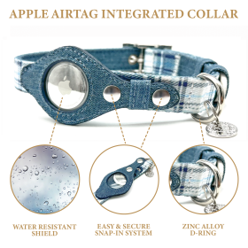 Apple Airtag Integrated Collar (Color: Blue Plaid, size: XS)