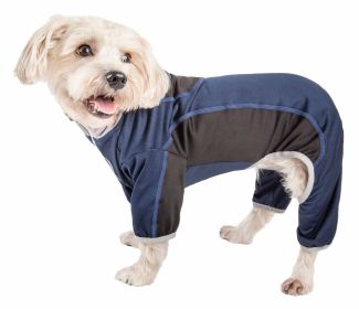 Pet Life Active 'Warm-Pup' Heathered Performance 4-Way Stretch Two-Toned Full Body Warm Up (Color: Navy, size: large)