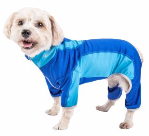 Pet Life Active 'Warm-Pup' Heathered Performance 4-Way Stretch Two-Toned Full Body Warm Up (Color: Blue, size: medium)